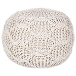 Pouf en Coton Beige Macramé 50 cm Remplissage en Billes EPS Surface Texturée Tr