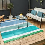 THE RUGS Rainbow Collection Outdoor Rug - Easy to Clean, Waterproof Plastic Outdoor Rugs for Garden, Patio, Balcony, Camping - Vibrant Plastic Straw Rug - Striped Blue, 150x220