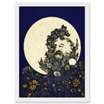 Man In The Full Moon Blue Floral Lunar Illustration Artwork Framed Wall Art Print A4