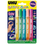 UHU Glitter Glue glow in the dark - Idéale loisir créatif, formule adaptée pour les enfants, lavable, multicolore, 5 tubes 10ml