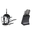 Prestige - Everyday - Cookware Set Stainless Steel - 5 Piece - Non Stick & Morphy Richards Accents Knife Block, Satin, Stainless Steel Finish, Translucent Black, 5 Piece