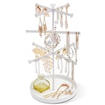 ProCase Earring Holder Organiser Jewellery Stand, 3 Tier Rotating Earring Tree Necklace Rack for Women, Metal Jewelry Storage Rack Display Tower for Long Necklaces Stud Earrings Bracelets Rings -White