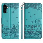 Aisenth Case for Samsung Galaxy A14 5G/A14 4G, Cute Embossed Cat, Butterfly, Flower PU Leather Magnetic Wallet Flip Case Protective Cover with Kickstand, 3 Card Slots (Turquoise)