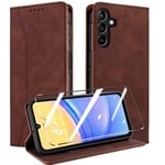 QHOHQ Coque pour Samsung Galaxy A15 4G/5G +Protection écran, [RFID Blocage], Etui Protection Housse Premium en Cuir PU, [Emplacements Cartes] Magnétique Flip Case, Anti-Vibration (Fantaisie) - Café