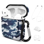 TNP Hard Protective Case Cover for Apple AirPods 1/2 Gen, Cute Skin with Carabiner Clip Keychain Strap Ear Hook Accessories Compatible with Airpod 1st/2nd Generation Girls Women Men (Camo Blue)