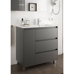 Meuble de salle de bain sur le sol 85 cm gris opaque avec lavabo vasque droite Avec colonne, miroir et lampe LED