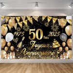 Seutgjie Banderole Joyeux Anniversaire 50 Ans 1975-2025, Décoration Anniversaire 50 Ans Toile de Fond Anniversaire Hommes/Femmes, Bannière Joyeux Anniversaire pour Fête, Or Noir 180 x 110 cm