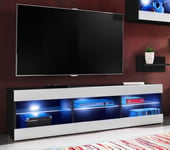 Meuble TV Tivoli RTV Komodee - LED Bleues - Blanc Brillant et Noir - Facades en Mat - 140 x 41 x 35 cm