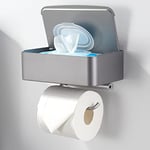 FreeAngle Toilet Paper Holder with Shelf,Flushable Wipes Dispenser Wall Mounted Grey Bathroom Storage Rack Hide Wet Wipes for Bathroom Washroom