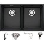 Primagran - vier Cusine en Granit 76x47 cm Lavabo Cuisine 2 Bacs + Kit de Vidage + Robinet, Évier au meuble 80cm Évier à Encastrer de Graphite