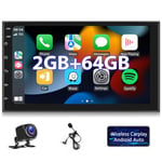 Hodozzy 2GB+64GB Autoradio Android Carplay sans Fil Android Auto, Double Din Radio Voiture 7 Pouces 2 Din Autoradio écran Tactile GPS Navigation Bluetooth WiFi FM RDS Radio Caméra Recul Câble ISO