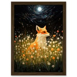 Watching the Fireflies Dance Happy Fox over a Wildflower Meadow Oil Painting Orange White Blue Full Moon Spring Night Dreamy Landscape Artwork Framed