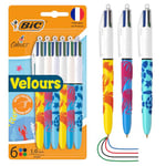 BIC - Stylo 4 Couleurs Velours - Stylo-Bille Pointe Moyenne (1,00 mm) - 3 Motifs Assortis dans le Thème de la Vie Marine - Stylo BIC Durable et Facile à Utiliser - Pack de 6 Stylos 4 Couleurs BIC