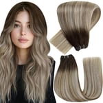 Hetto Extension Tissage Cheveux Marron 55cm Extension de Cheveux Tissage Blond Ombre Extension Tissage Cheveux Naturel Remy Hair Chatain Balayage Brun Foncé à Brun Clair et Blond Moyen #3/8/22 100g