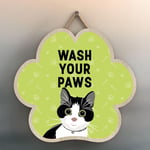 Black & White Cat Wash Your Paws Katie Pearson Artworks Pawprint Wooden Plaque