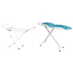 Vileda Extra X-Legs Clothes Airer, Indoor Clothes Drying Rack with 20m Washing Line, White & Mabel Home Adjustable Height, Deluxe, 4-Leg, Ironing Board, Extra Cover, Blue/White Patterned