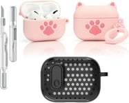 Coque de protection 3 en 1 compatible avec Apple Airpods Pro (2e/1ère génération) avec kit de nettoyage et porte-clés (patte de chat rose)