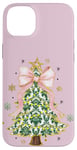 Coque pour iPhone 14 Plus Noeud en ruban rose coquette vert sapin de Noël Preppy Holiday