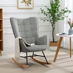 Meubles Cosy - Chaise à bascule avec revêtement en tissu gris, cadre de dossier en métal, siège en contreplaqué et pieds en bois naturel de style