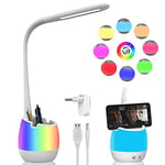 ERAY Lampe de Bureau Enfant, Lampe de Table D'étude Eye Caring avec Porte-Crayon/Batterie 2000mAh/8 Veilleuse Colorée/3 Modes/3 Niveaux de Luminosité/Contrôle Tactile, Lampe de Chevet pour Enfants