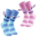 Disney Chaussettes Femme, Lot 2 Paires Chaussettes Antidérapantes Stitch et Angel (Rosa/Bleu Rayures)