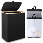 iEGrow Grand panier à linge avec couvercle 150 l, double panier à linge avec sacs intérieurs amovibles et lavables, pliable, 2 compartiments pour ranger des vêtements secs, des jouets, des serviettes,