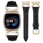 TOYOUTHS Leather Strap Compatible with Fitbit Versa 4/Versa 3/Sense 2/Sense Women Slim Thin Dressy Premium Leather Strap with C-Shaped Metal Buckle for Versa 4 Sense 2, Black/Champagne Gold