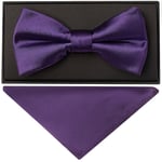 Plain Purple Mens Bow Tie and Pocket Square Set Wedding Formal Dickie Bow Hanky