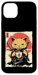 Coque pour iPhone 14 Plus Kawaii Samurai Cat Drinking Coffee, Ninja Cat for Cats Lovers