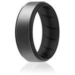 ROQ Silicone Rings, Breathable Silicone Rubber Wedding Ring Band for Men with Comfort-Fit Design, 8mm Step Edge, Single, Silicone Wedding Ring - Black, Beveled Metallic Platinum Colors - Size 14