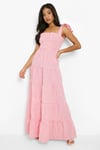 Womens Petite Gingham Pom Pom Shoulder Maxi Dress - Pink - 6, Pink