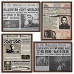 4Pcs Vintage Horror Movie Newspaper Poster, Classic Horror Movie Decor, Scary Film Character Posters for Bedroom,Men Cave, 11×14 Inch Cardstock, Unframed