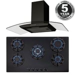 SIA 90cm 5 Burner Black Gas On Glass Hob And Curved Glass Cooker Hood Extractor