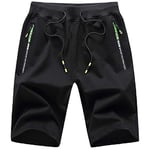 JustSun Short Homme Coton Sport Running Jogging Homme Ete Extensible Fitness avec Poches Zippées Noir 3XL