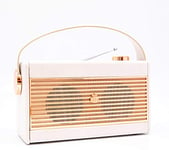 GPO Darcy Portable Analogue Radio, Alarm Clock Radio with Sleep and Snooze, LCD Display, Mains/Battery Powered, Retro Grille, Carry Handle, White and Gold