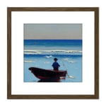 Fisherman Fishing in Small Boat Sunny Day Seascape Oil Painting Square Wooden Framed Wall Art Print Picture 8X8 Inch