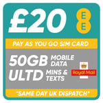 EE MULTI SIM CARD - £20 30 DAY PACK - 50GB DATA, UNLIMITED MINS & TEXTS