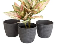 Set of 3 Plant Pots Knitted Large Small Medium Round Decorative Plastic Holder Planters Basket Flower Pot Home Garden Stand Cover Decor (Ø 16 cm (6.30 inch), Anthracite)