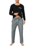 Vlazom Pyjama Homme Hiver Ensemble de Pyjama Col Rond Haut de Pyjama à Manches Longues Pantalon de Pyjama à Carreaux，Noir + Gris，XXL