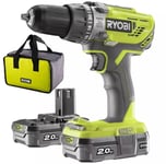 Ryobi ONE+ 18V Cordless Combi Drill with 2x 2Ah Batteries & Charger + Carry Bag