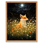 Watching the Fireflies Dance Happy Fox over a Wildflower Meadow Oil Painting Orange White Blue Full Moon Spring Night Dreamy Landscape Art Print Frame