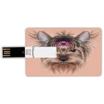 16G USB Flash Drives Credit Card Shape Yorkie Memory Stick Bank Card Style Realistic Computer Drawn Image of Yorkshire Terrier with Cute Ribbon Animal Decorative,Salmon Light Brown Waterproof Pen Thum