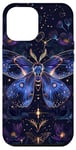 Coque pour iPhone 15 Pro Max Papillon bleu foncé Luna Moth Witchy Blue et fleurs violettes