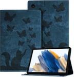 Coque Tablette Samsung Tab A8 (2021) 10.5"" En Relief, Étui Pour Tablette En Cuir Pu Rétro Sur Le Thème Des Papillons Et Des Chats Pour Sam Tab A8 (2021) 10.5"", Bleu