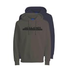 Jack & Jones Mens Pullover Sweatshirt Multipack, Hooded, Printed Logo, 2 Pack - Brown/Navy Cotton - Size Large