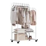 Clothes Rails Garment Rack with Wheels Double Clothes Rail Coat Clothing Rails with Double Shelf (White)