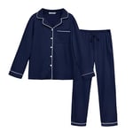 Lovasy Pyjama Femme Hiver et Chaud Ensemble Pyjamas Col V avec Boutons Long Vêtements de Nuit 2 Pièces Pyjamas Top Sleepwear Casual A Bleu Marine XXL