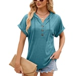 Women Short Sleeve Hooded Top Drawstring Loose Casual Button Front Breathable V