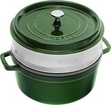 Staub 1004354 Cast Iron Roaster/Cocotte, With Steam Insert, Round 26 cm, 5.2 L, With Matte Black Enamel Inside the Pot, Basil/Green, Basilic