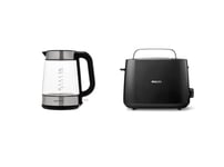 Amazon Basics 1.7L Glass Kettle + Philips Daily Collection Toaster, 2 Large Slots for Bread, 8 Settings + Integrated Bun Warming Rac, Blue